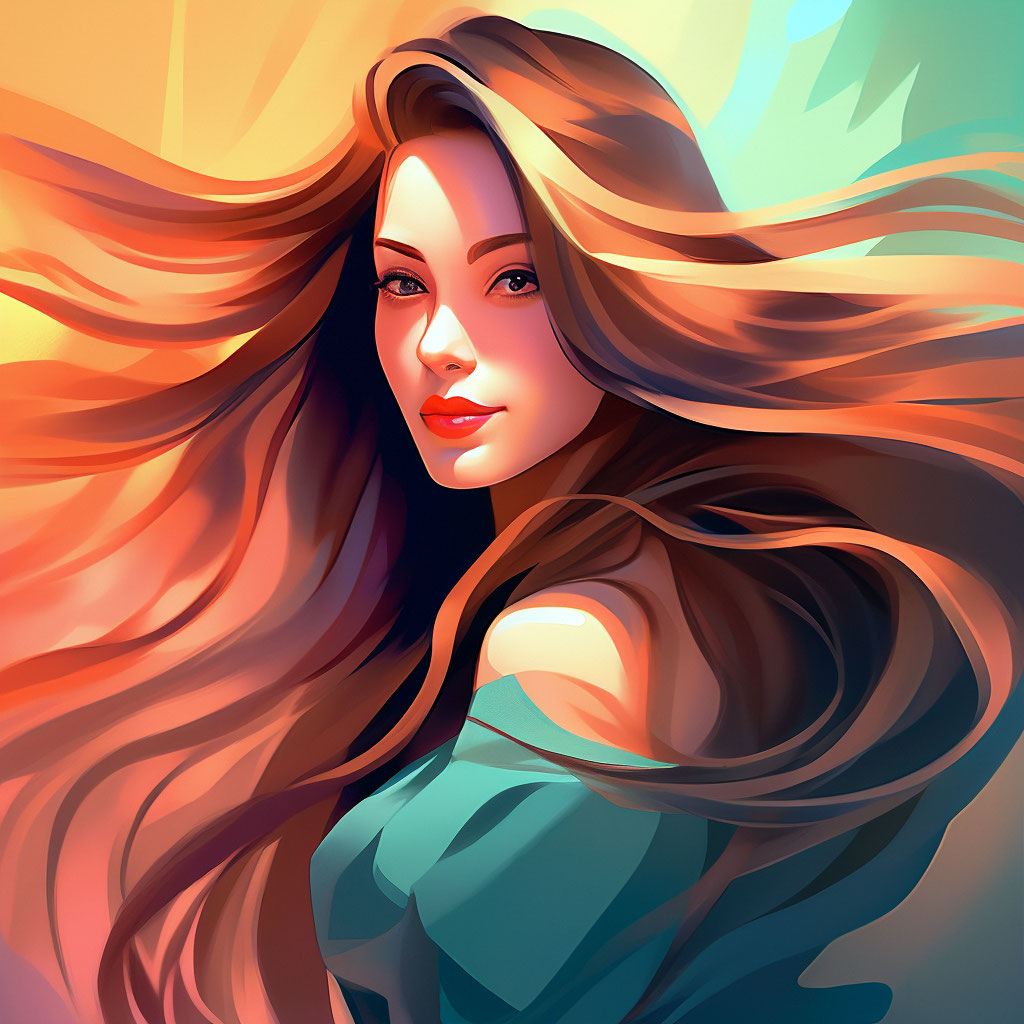 "A digital painting of a woman with long hair, in style of digital ...