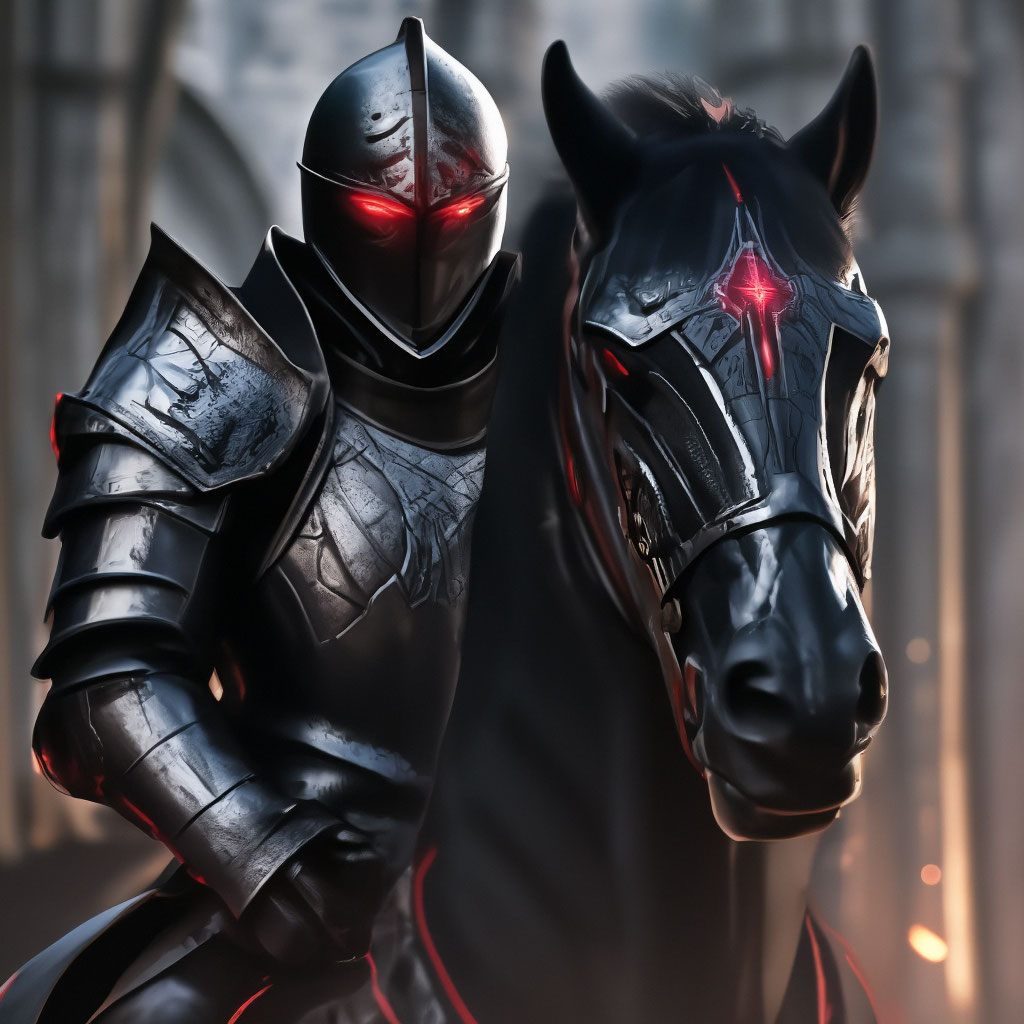 "A knight in black armor next to a black powerful horse with red ...