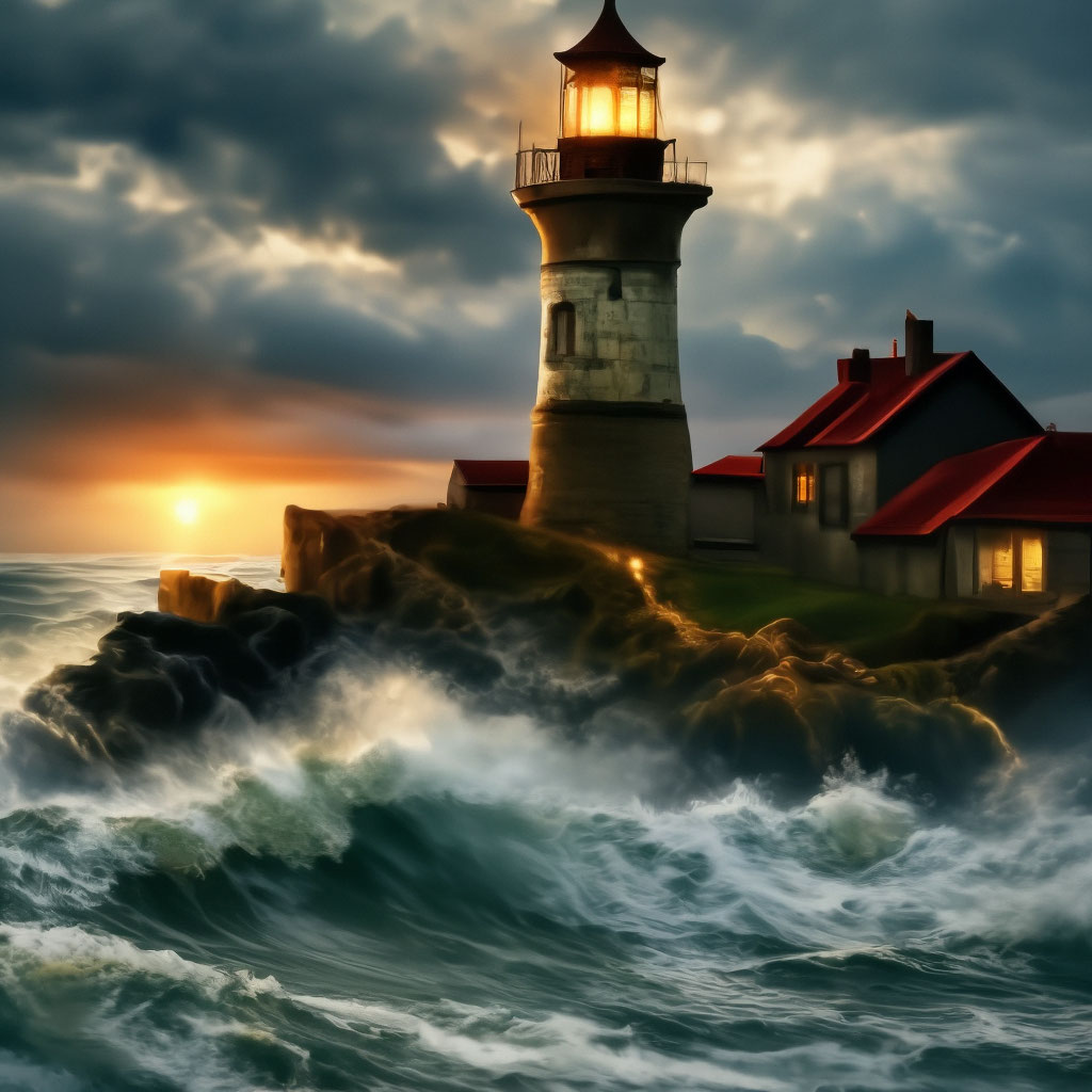 "The old lighthouse shines in the sea storm village sailors dangerous ...