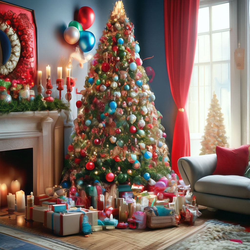 "Beautiful Christmas tree, decorated with toys, balloons, garland ...