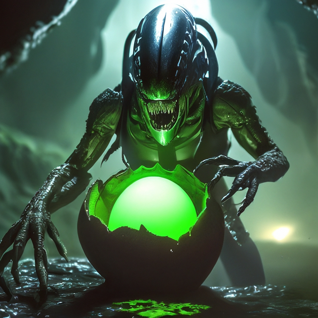 "In the dark, the predator holds an egg of xenomorphs from the movie ...