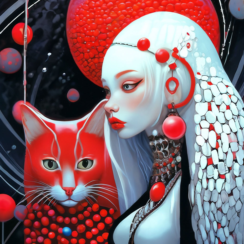 "Close-up, an alien woman with long white hair, and a red cat from ...