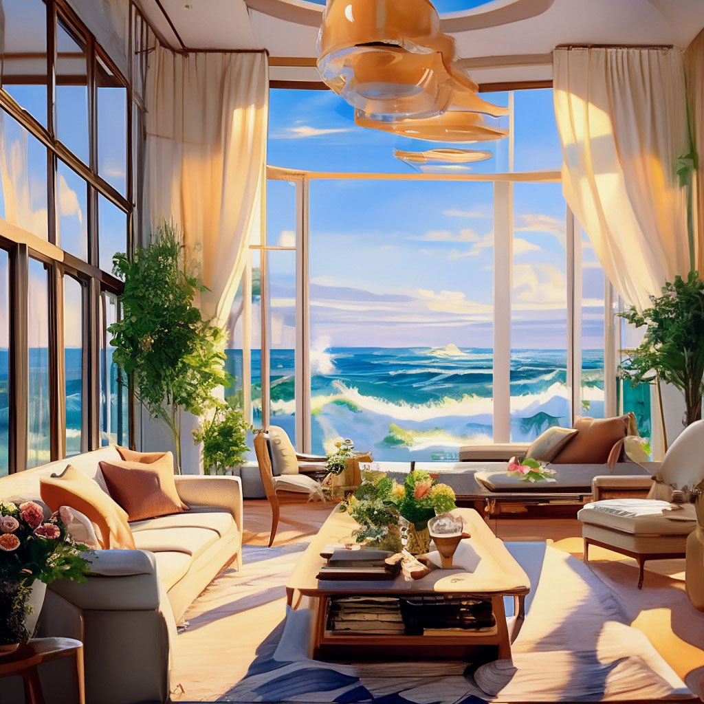 "Cozy living room in a modern style with large bright windows ...