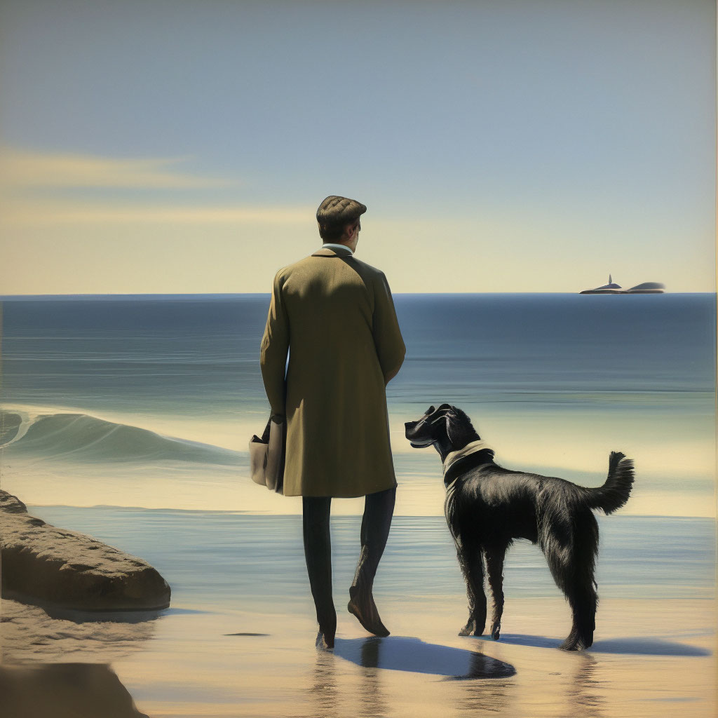"Academic drawing of a man with a dog by the sea" — image created in ...