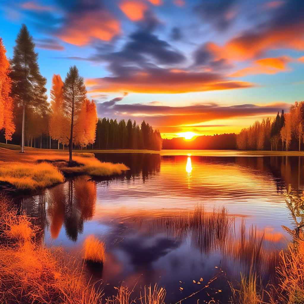 "Beautiful sunset over the forest lake autumn" — image created in Shedevrum