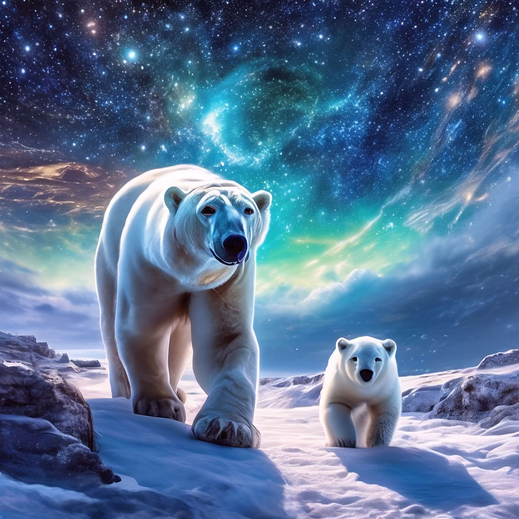 "The polar bear and the bear cub walk through the endless starry sky ...