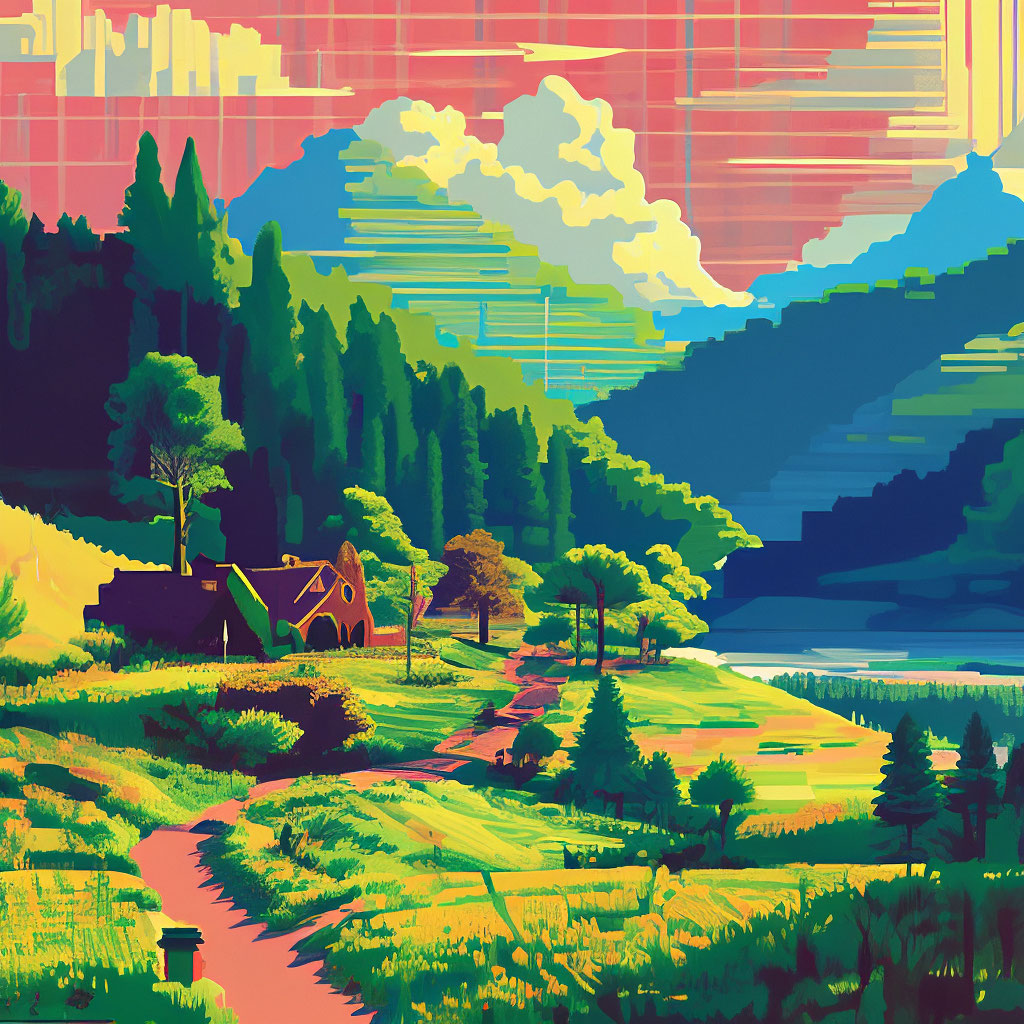 "Rovnina, glade, landscape, pixel graphics" — image created in Shedevrum