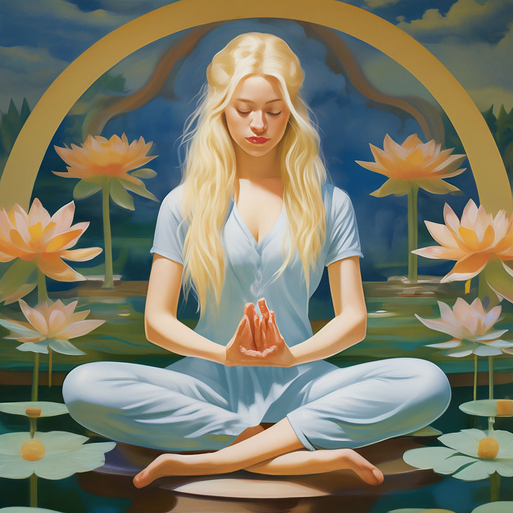 "A girl with blonde hair in harmony with herself in the lotus position ...
