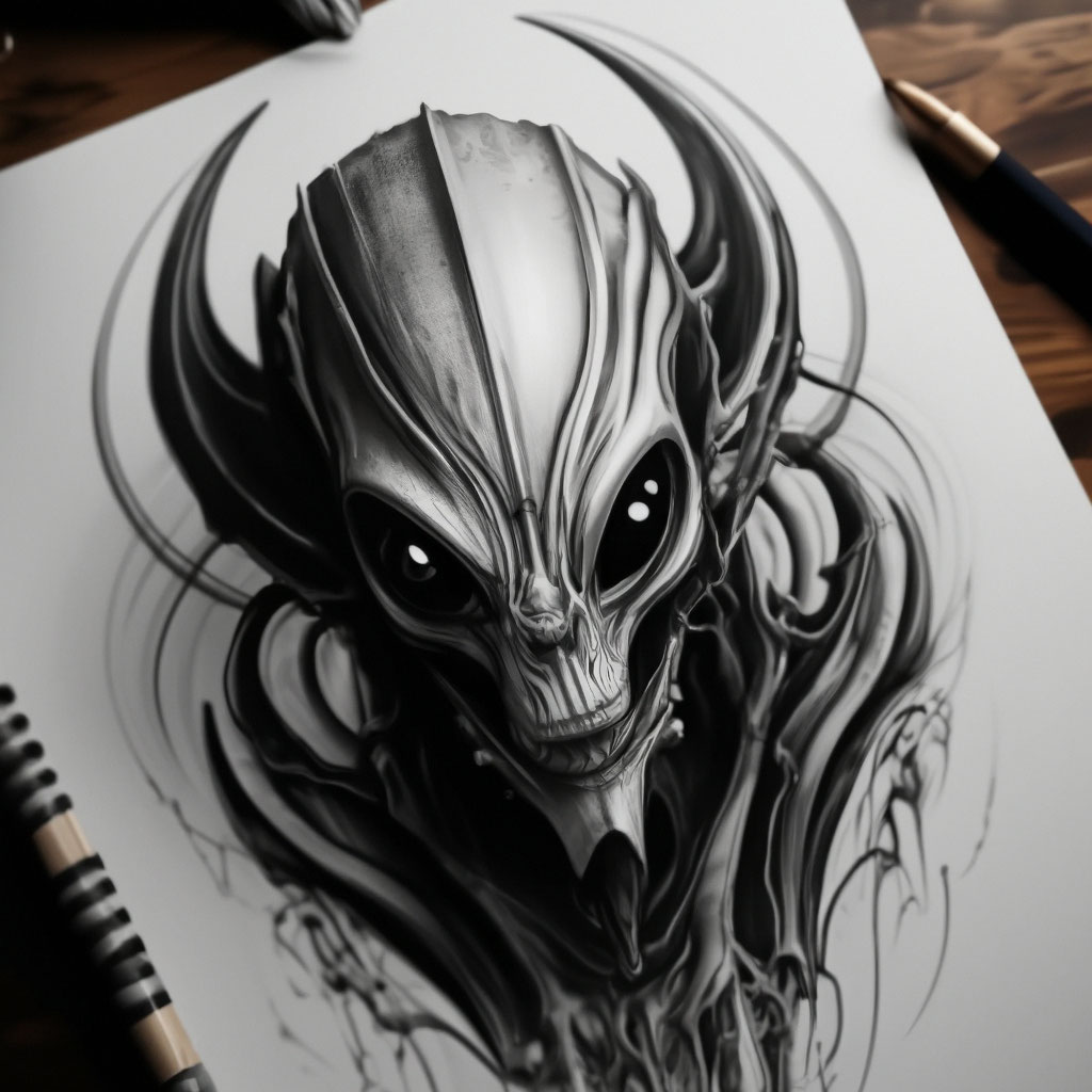 "Tattoo sketch Alien horror, tattoos. drawn on a white sheet of paper ...