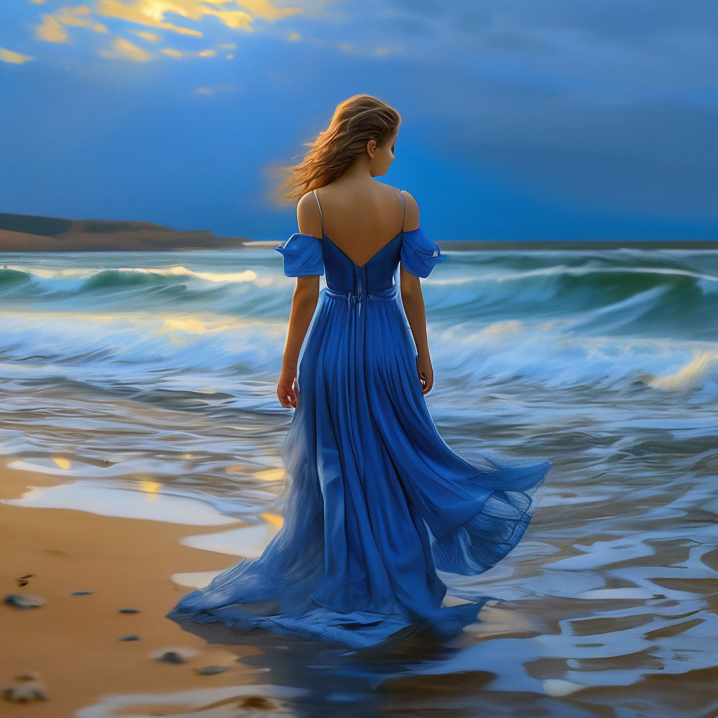"On the seashore there is a girl in a blue dress (ultra detail ...