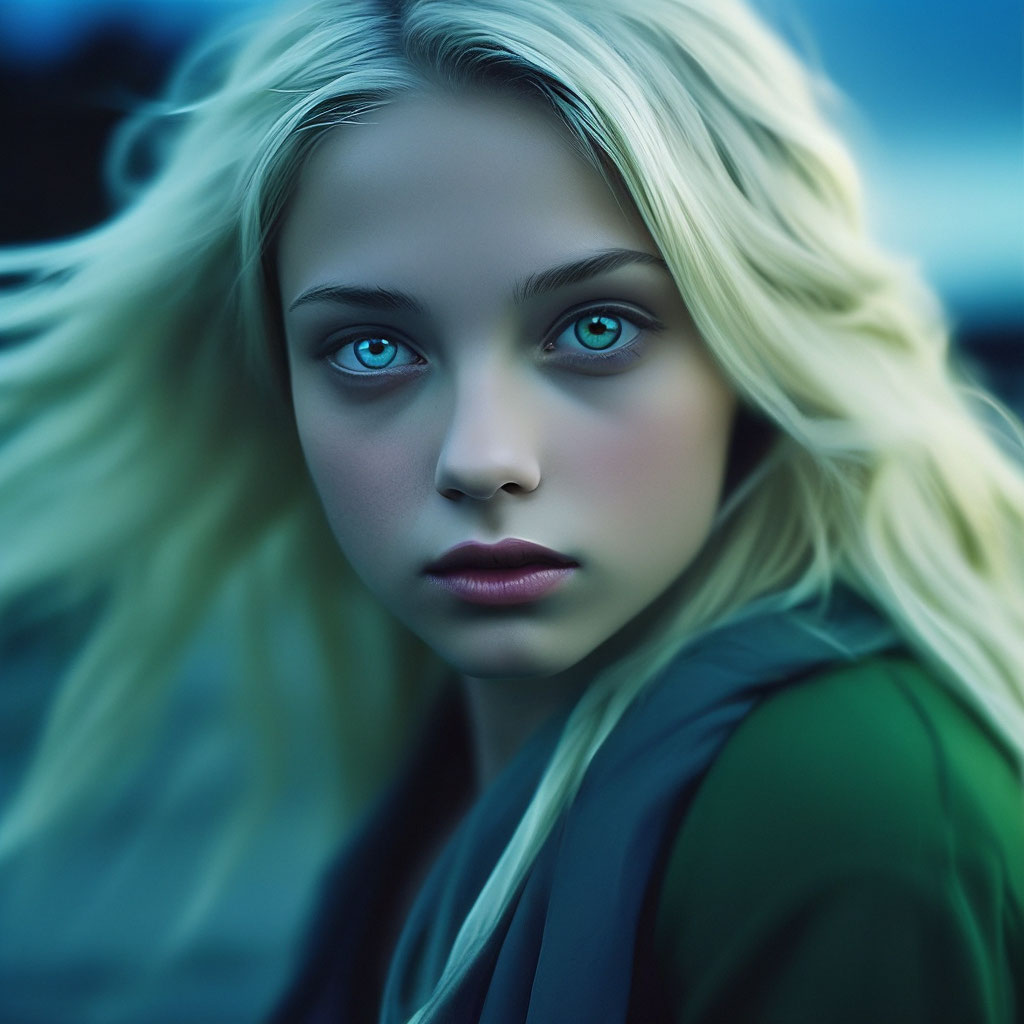 "A girl with huge green eyes straight blonde hair" — image created in ...