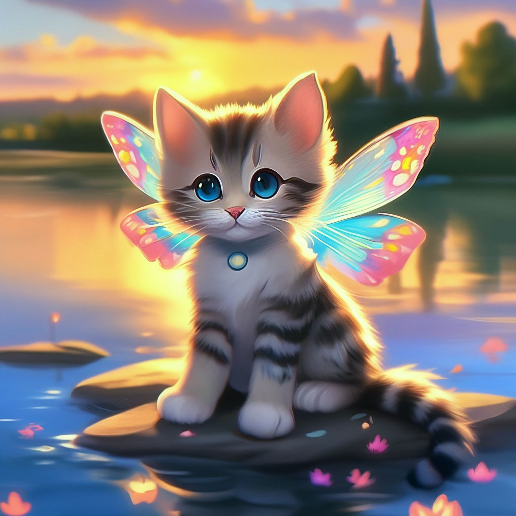 "A cute kitten with cute and shiny eyes and butterfly wings is sitting ...