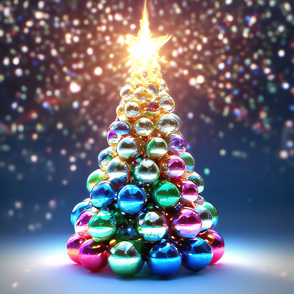 "Christmas tree made of Christmas balls, shining star top, photorealism ...