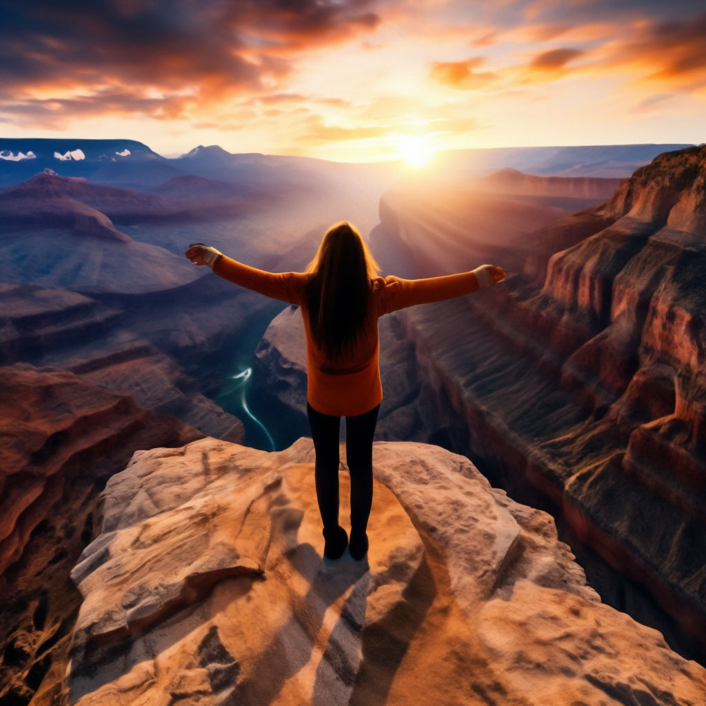 "Grand Canyon, a girl standing on the edge with her arms outstretched ...