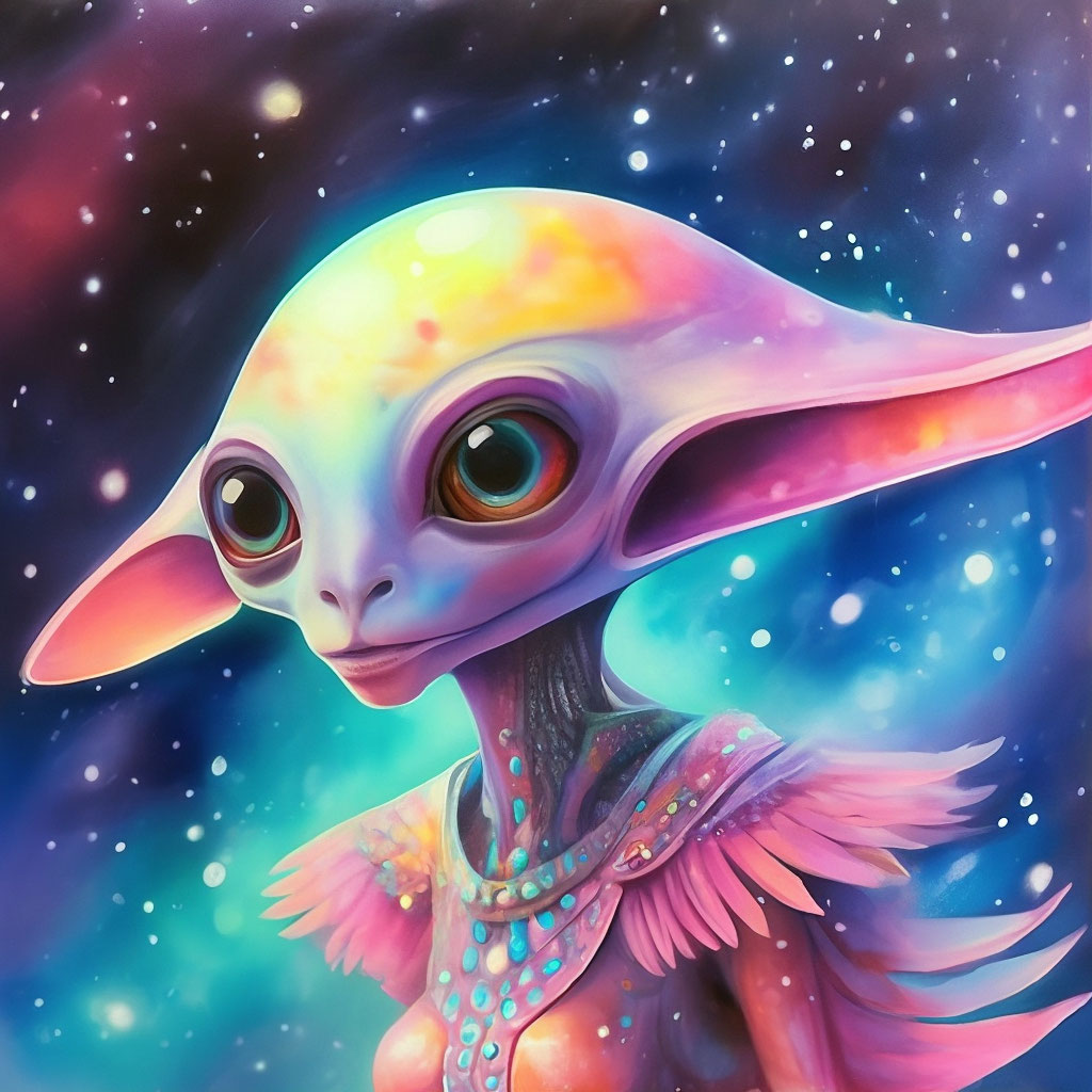 "A resident of a magical planet beautiful alien, full-length, big eyes ...