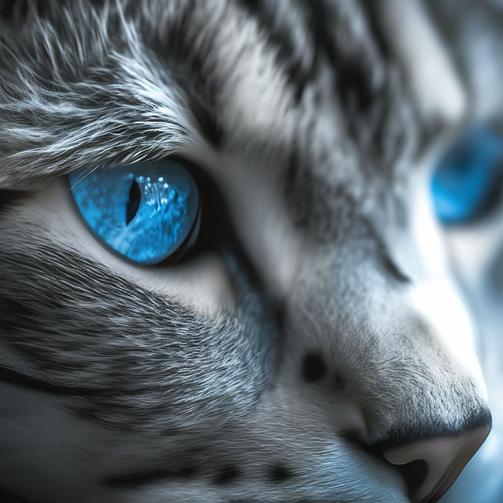 "The muzzle of a cat on a smoky background with shiny light blue eyes ...