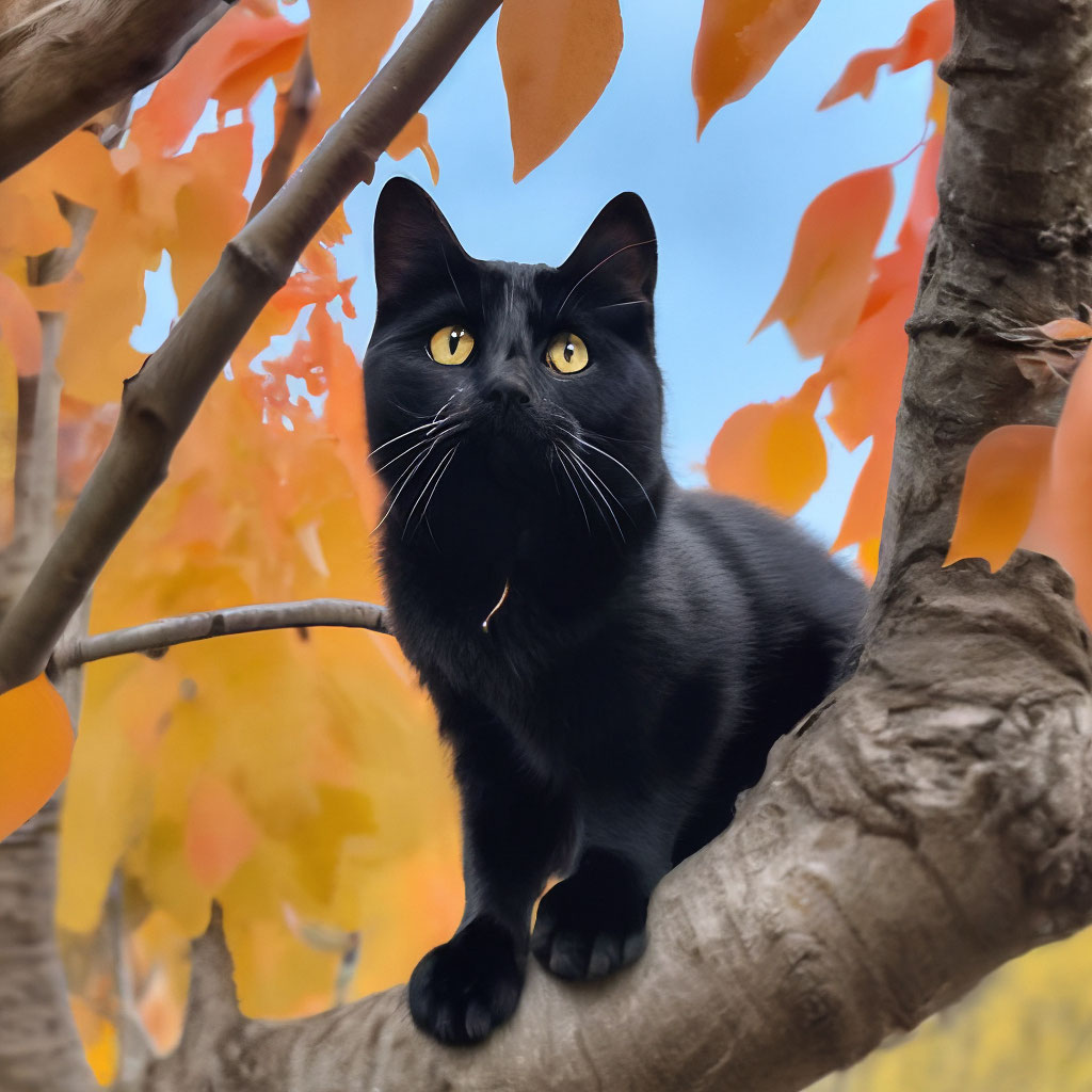 "A black cat is sitting on a branch of an autumn tree" — image created ...
