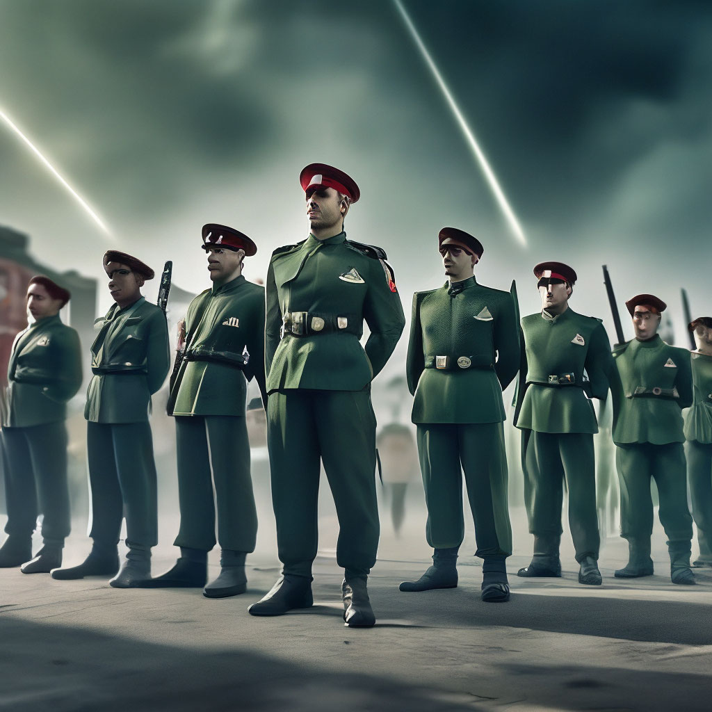 "Servicemen in dark green uniforms and caps with a red star badge are ...
