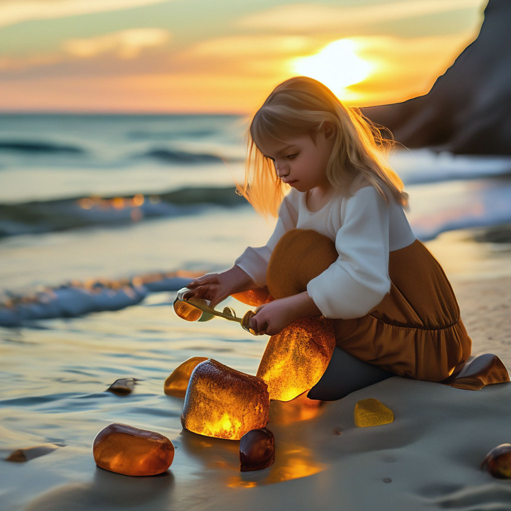 "A girl collects amber on the seashore" — image created in Shedevrum