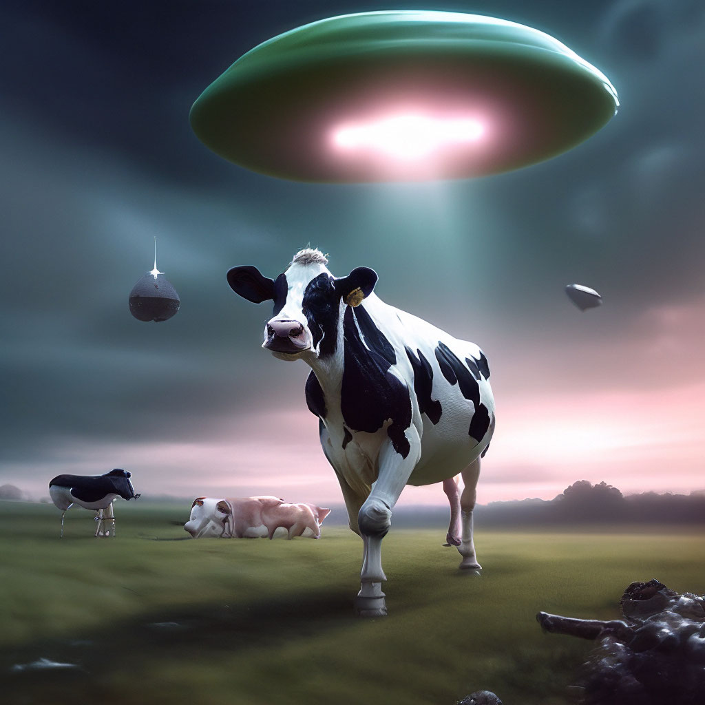 "The cow was abducted by aliens" — image created in Shedevrum