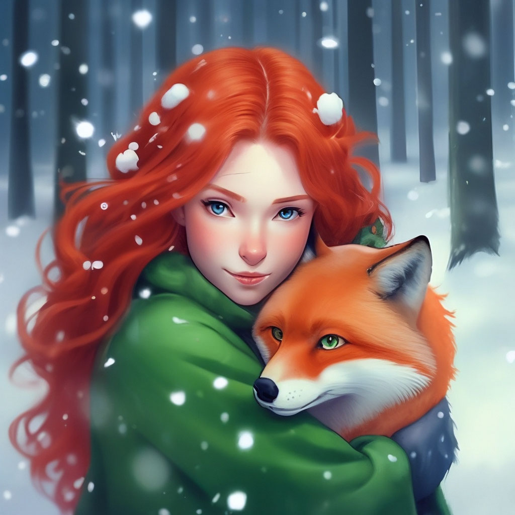 "A girl with red wavy hair hugs a fox, snow, forest, snowflakes on her ...