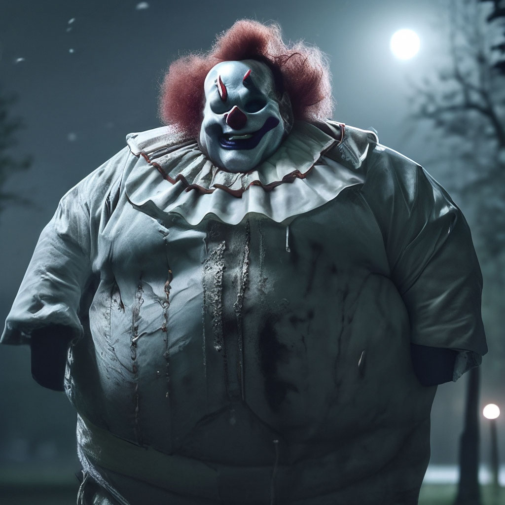 "Scary fat clown with black balls, in a gloomy park, dirty clothes ...