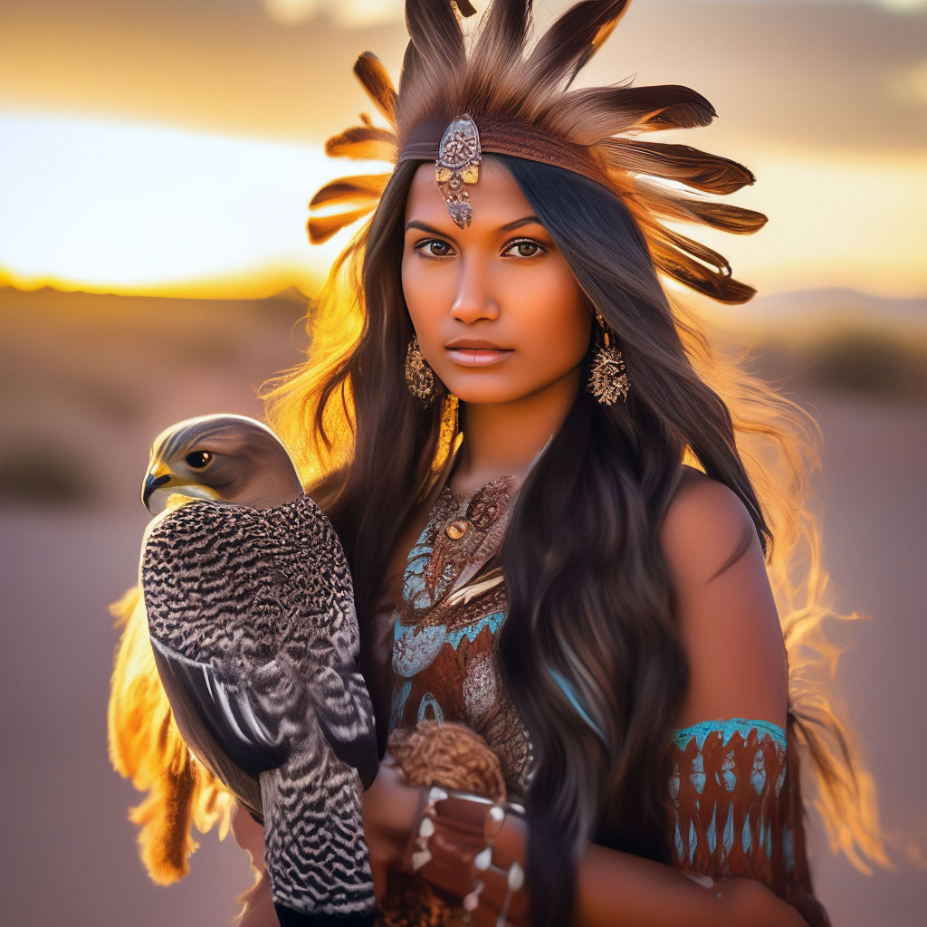 "A beautiful Indian girl, two large brown feathers on her head ...
