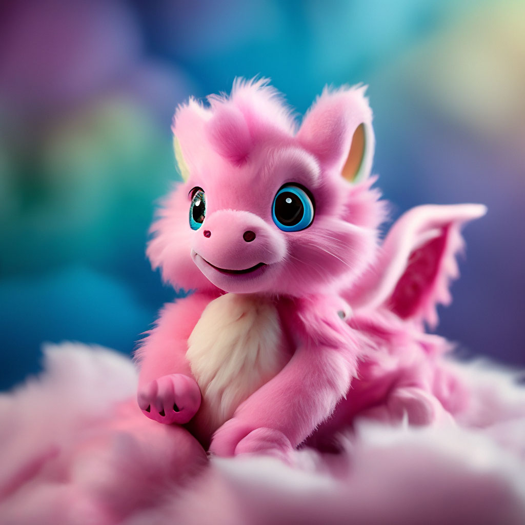 "Cute furry pink dragon with long fur sits on a soft fluffy cloud ...