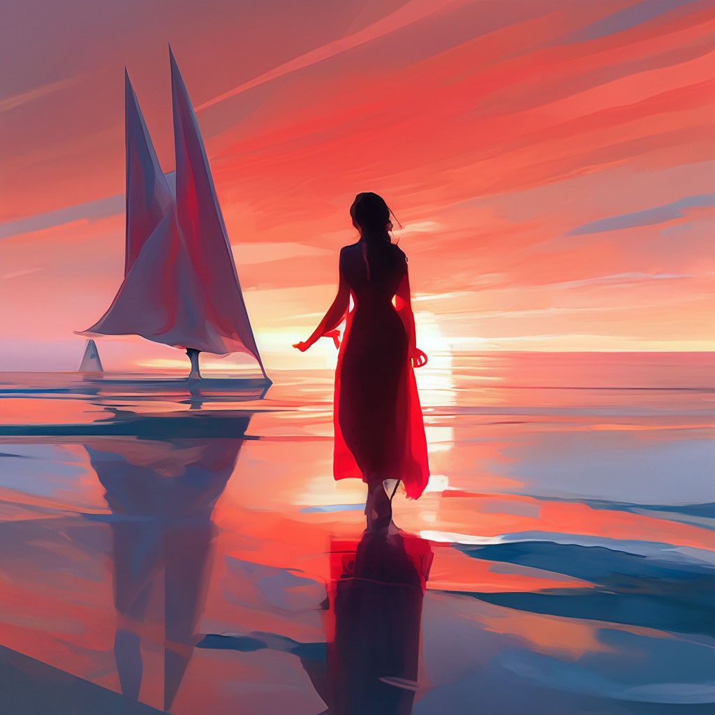 "Scarlet sails on the horizon, silhouette of a girl on the shore, show ...