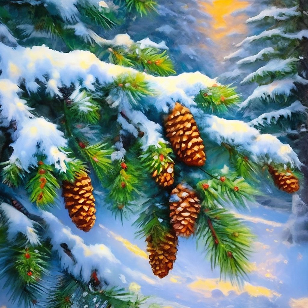 "Surreal green pine branch with cones decorated with Christmas ...