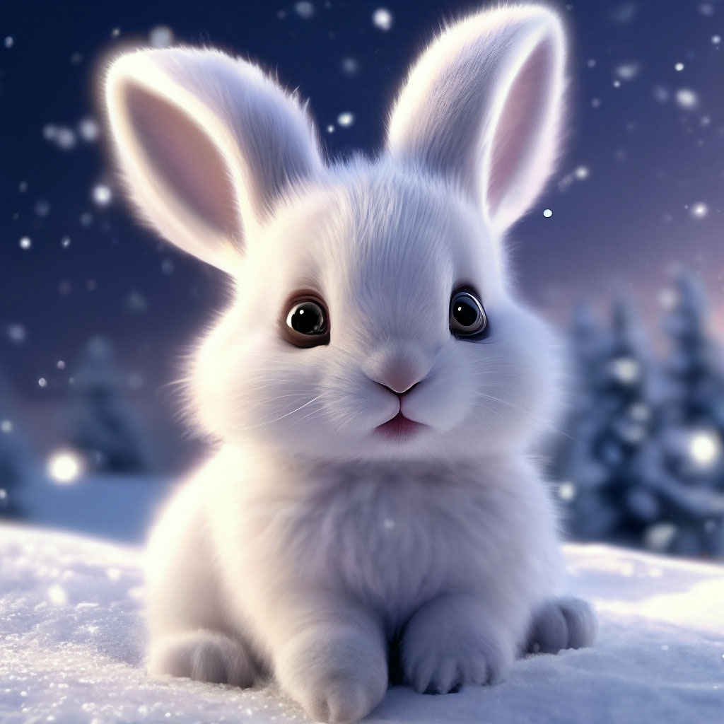 "A tiny very fluffy winter white bunny lies on the snow super cute ...