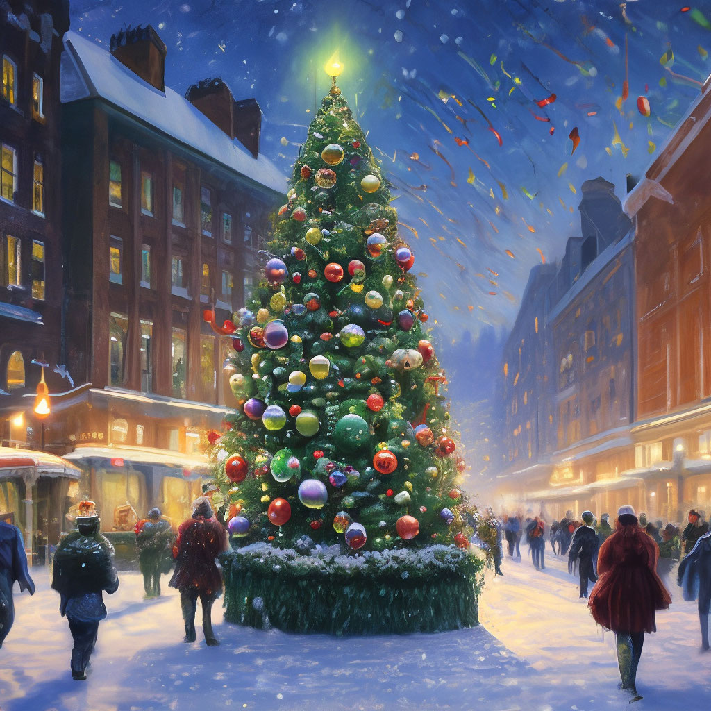 "A dark green fir tree decorated with colored balls, tinsel and a ...
