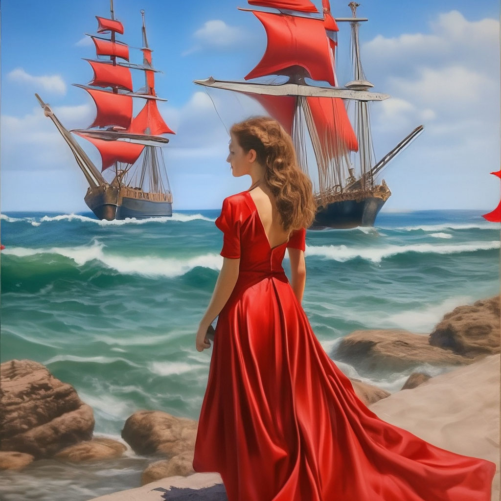 "Scarlet sails of the 21st century and a beautiful girl is standing on ...