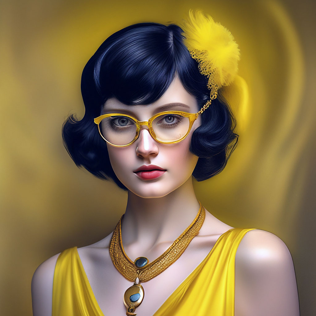 "A woman model of the 20s, black hair, a square haircut, in a yellow ...