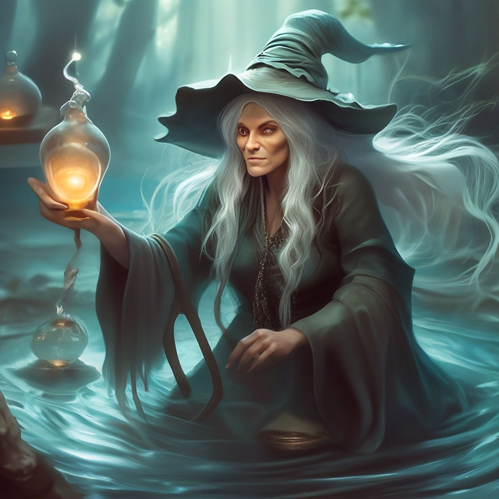 "An old, strange witch in the liquid world" — image created in Shedevrum