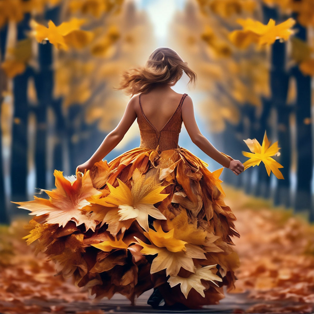 "Autumn girl runs in a ball gown made of maple leaves into the distance ...
