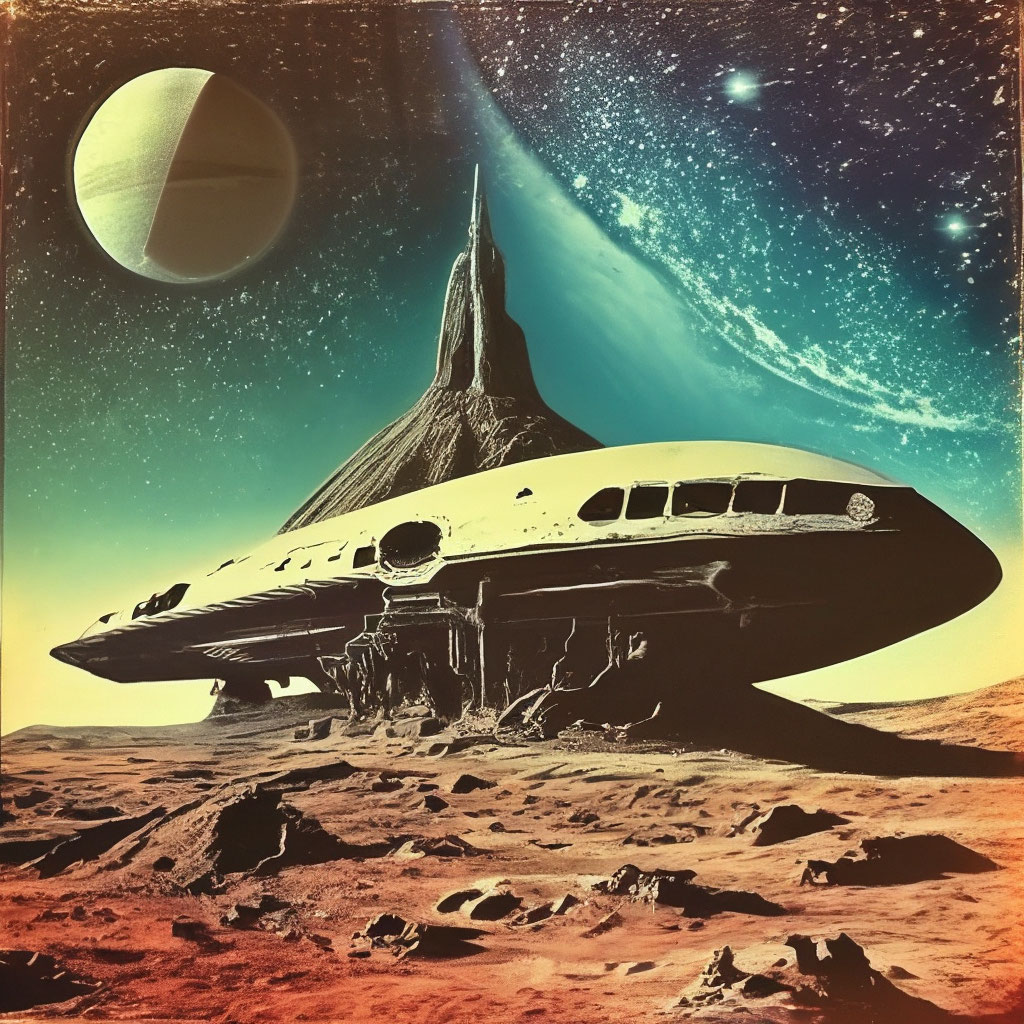 "An alien ship wrecked in a distant galaxy" — image created in Shedevrum
