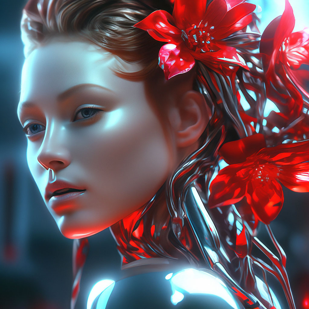 "Image of a woman with a red flower in her hair, cybernetic and highly ...