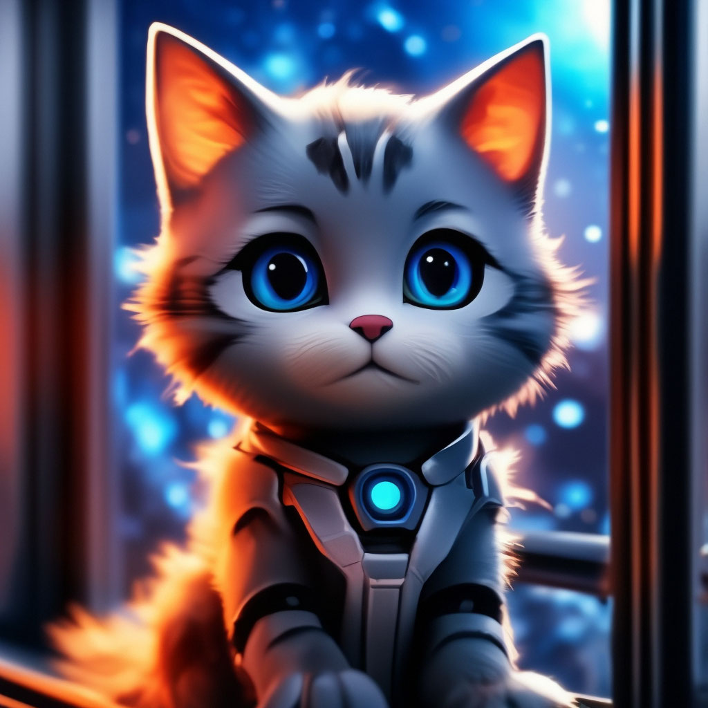 "Cartoon cute cat robot with beautiful eyes watches planets from the ...
