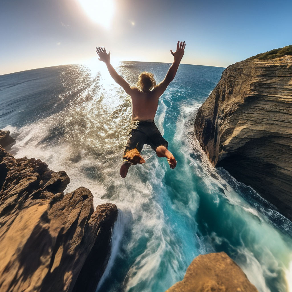 "POV Jump from a cliff into the sea 🌊" — image created in Shedevrum