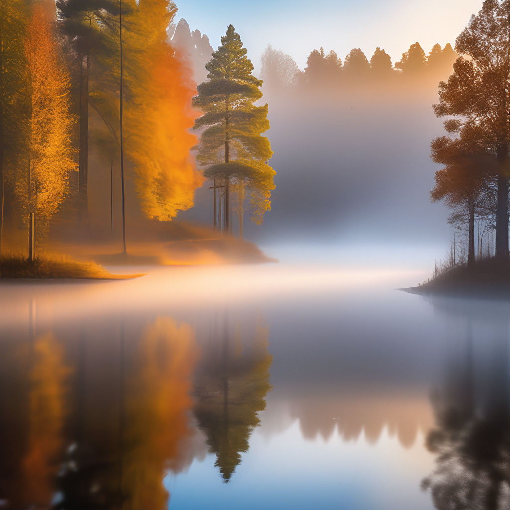"Fog over the lake in the early morning in the autumn forest" — image ...