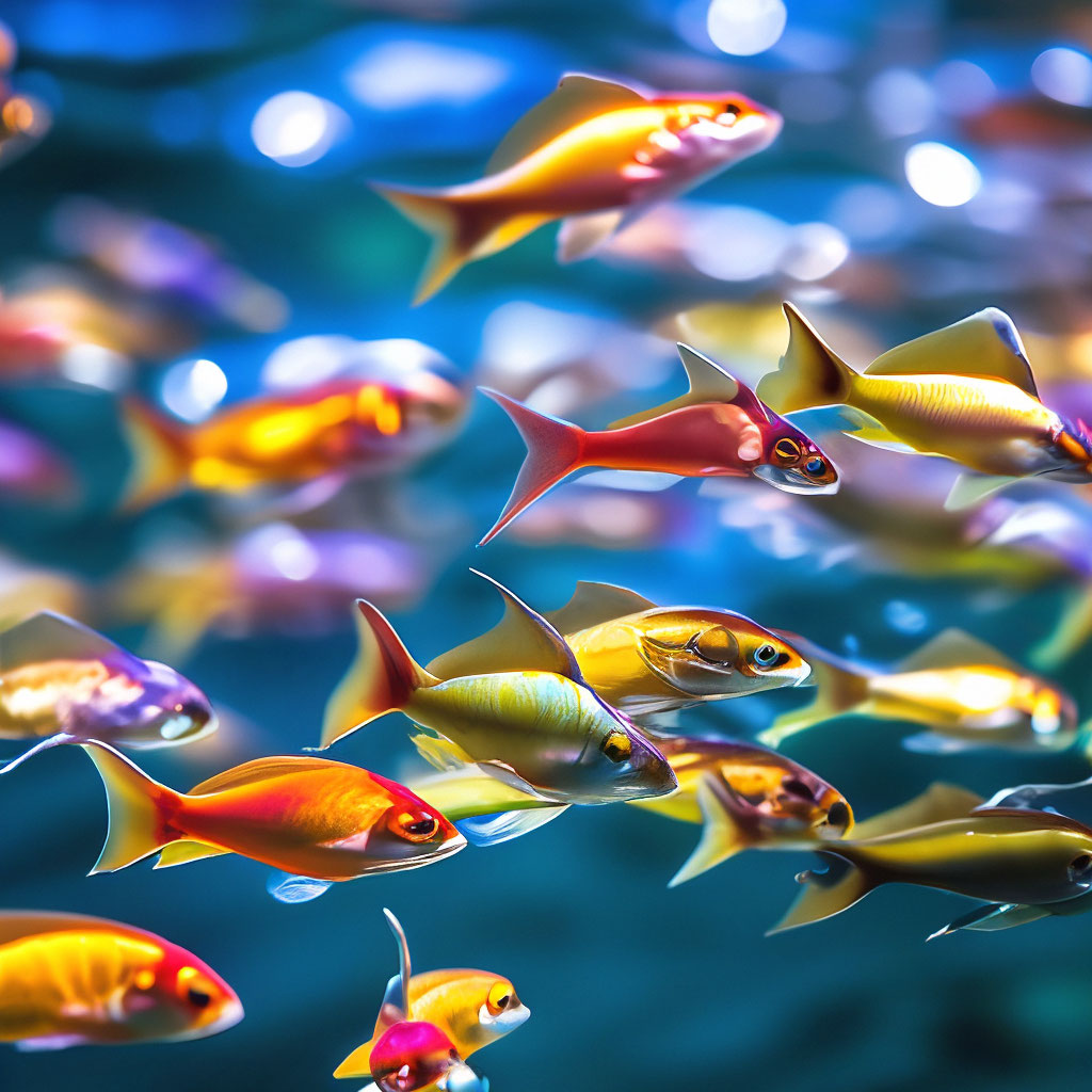 "A flock of small, colorful, shiny fish, swimming in the waters of the ...