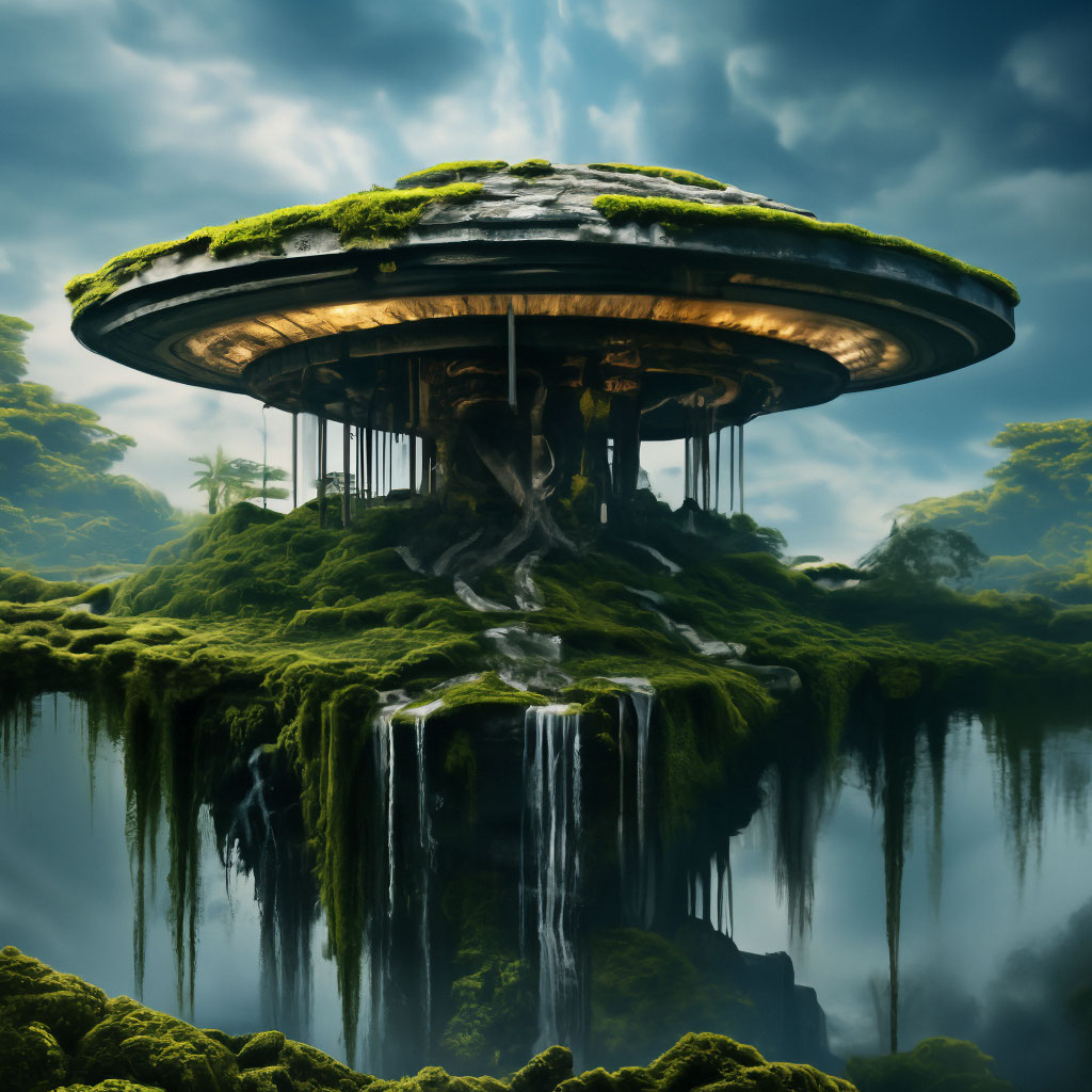"Flying Saucer made of ancient weathered stone, with a landscape