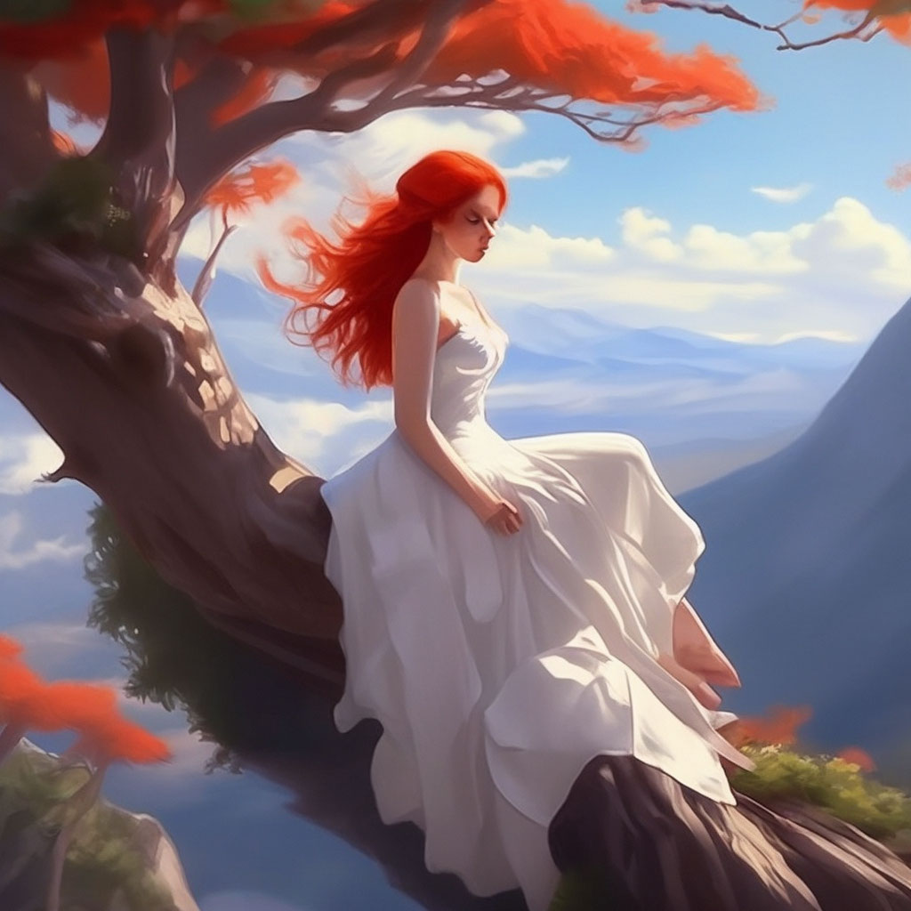 "Beautiful girl with red hair biomechanics in a white dress sitting on ...