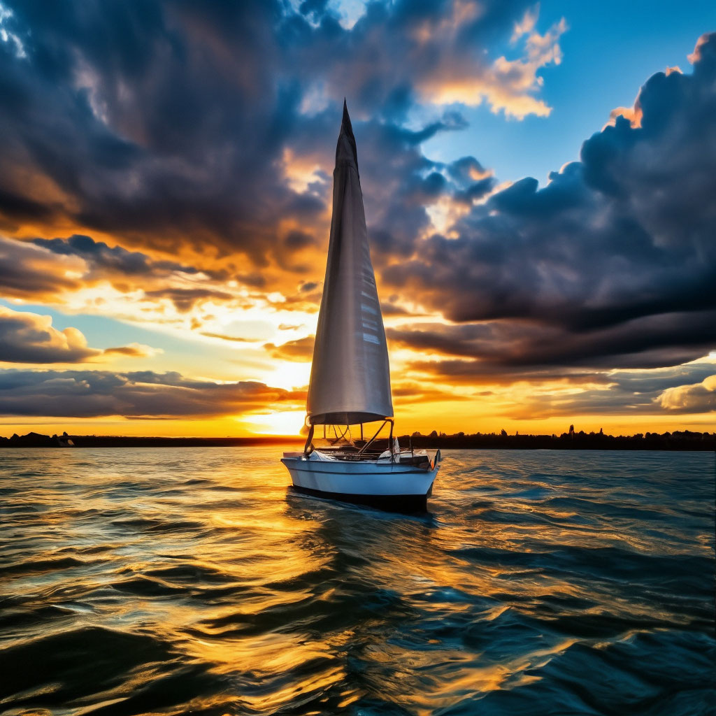 "The sky above the sailboat is a vast expanse of blues and whites, with ...