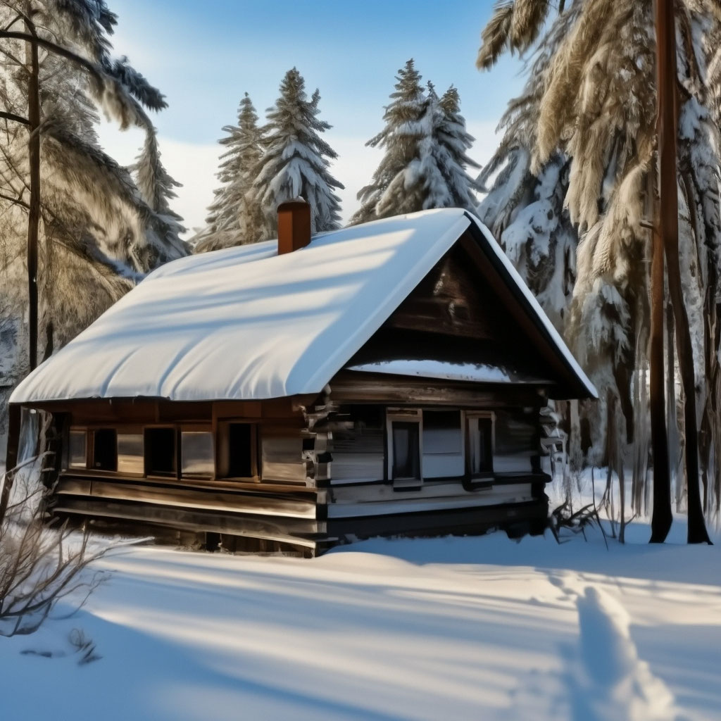"Winter landscape, an old wooden house lost in the winter forest, trees ...