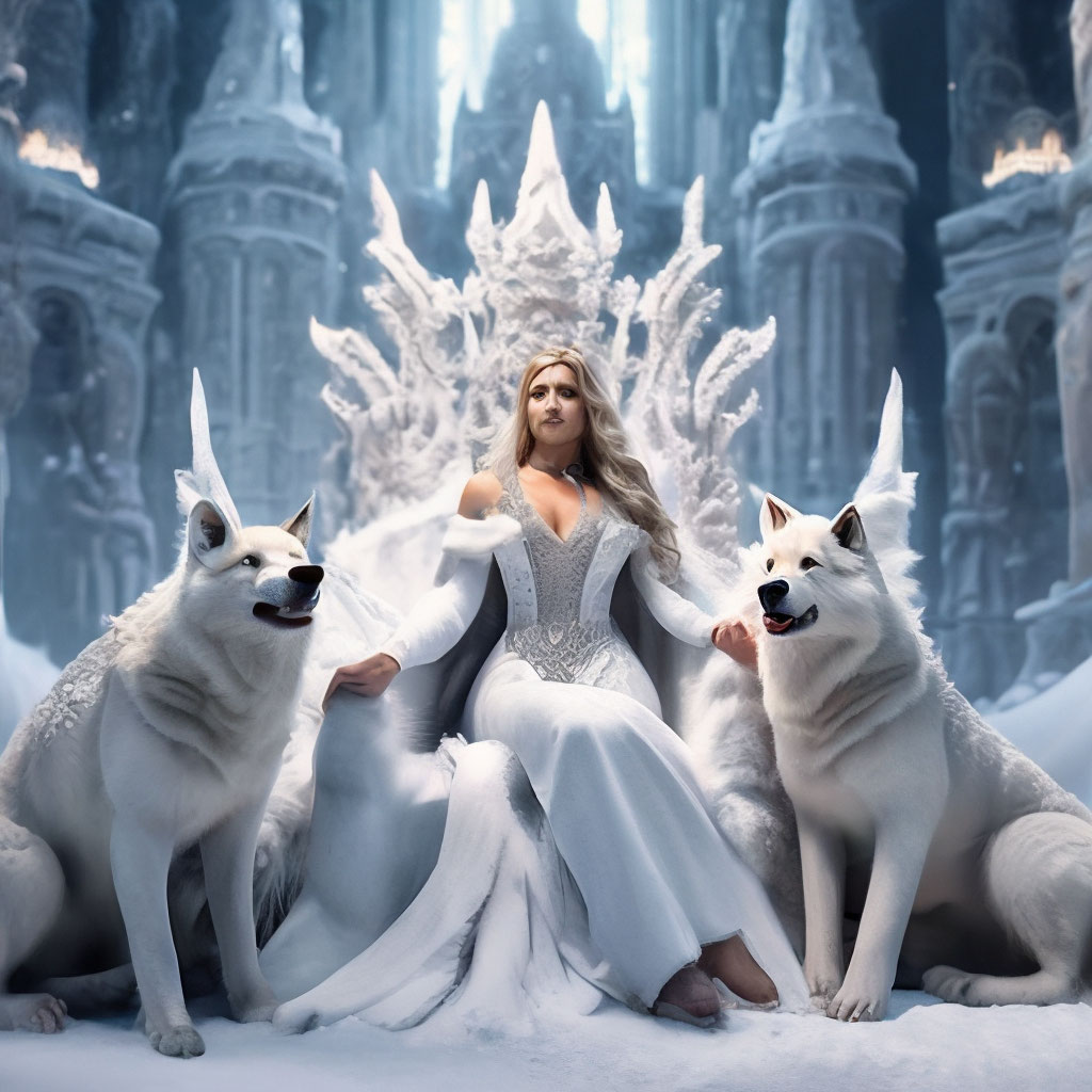 "A beautiful snow queen in white in a castle of snow and ice sits on an ...