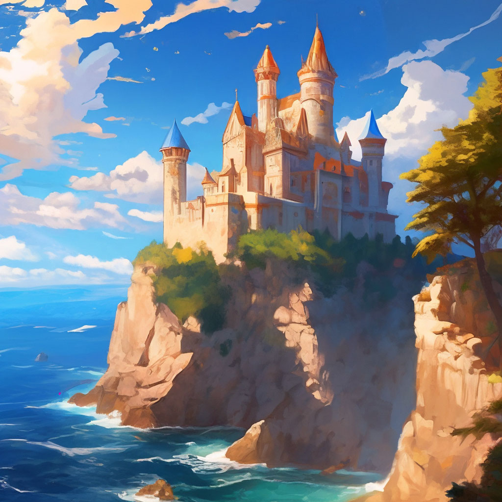 "A castle on a cliff above the sea in sunny weather like Aivozovsky's ...