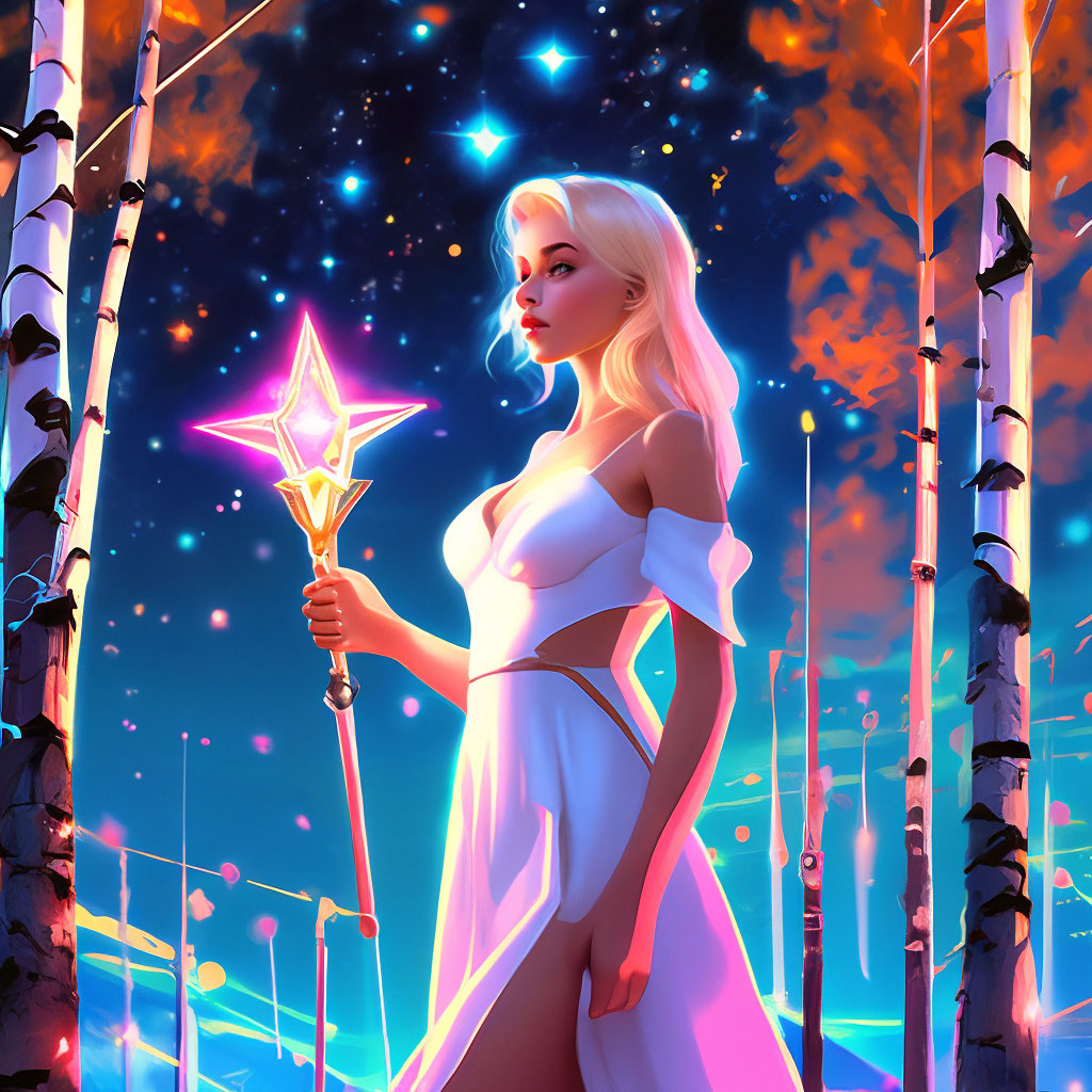 "A beautiful blonde girl from the world of magic in a white dress among ...