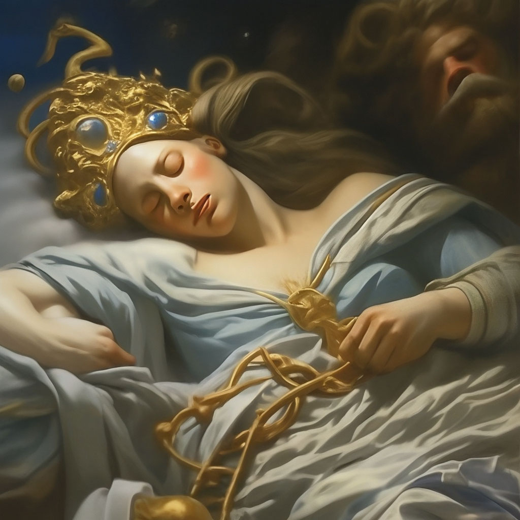 "But the gods sleep after breaking the thread" — image created in Shedevrum